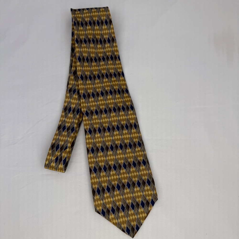 XMI 325 Series 100% Silk Tie Mens Gold Navy Brown Argyle Diamond Handmade USA